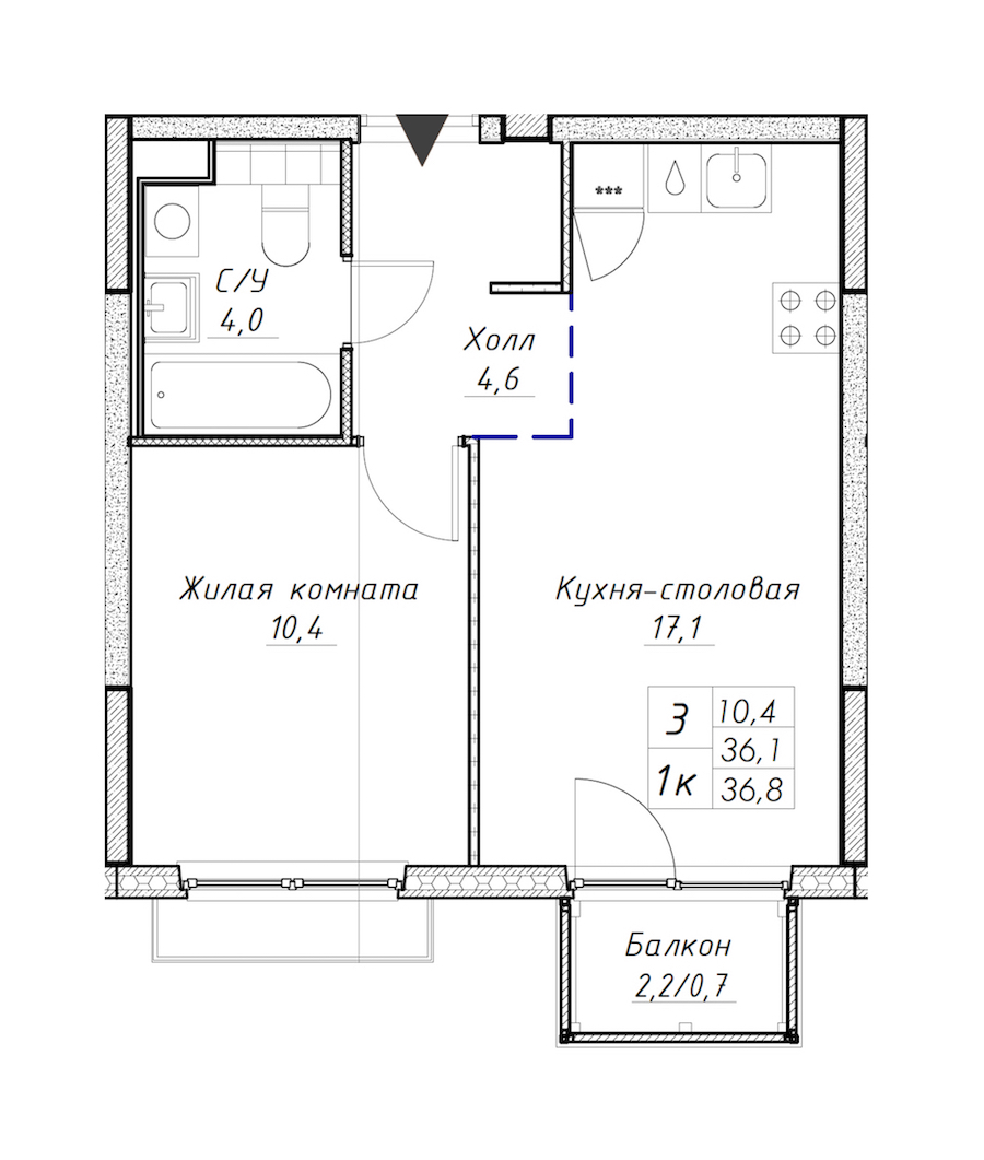 1-комнатная квартира 36.8 м², 15/15 эт., ЖК «Заречный парк»